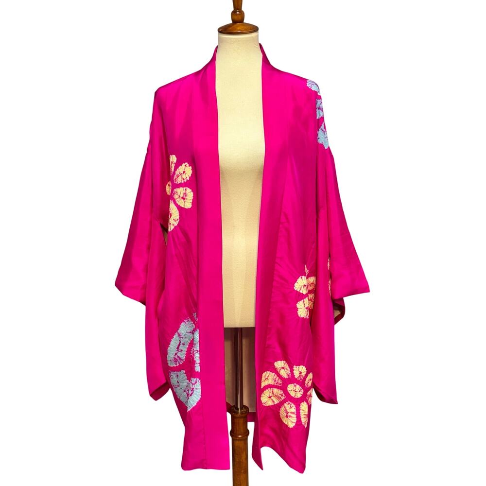 VTG Japanese Magenta Pink Silk Haori Kimono Jacket Shibori Floral, One Size